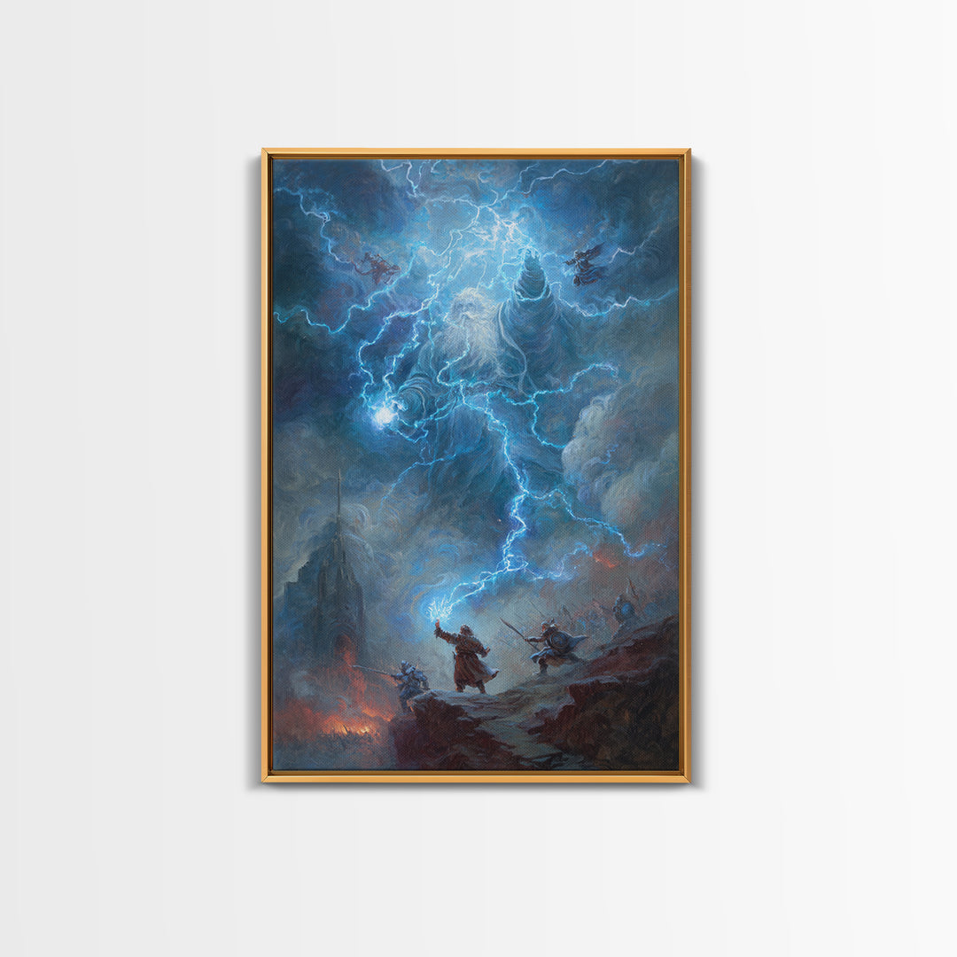 Electric Lightning Storm Giant Canvas Print, Dark Fantasy Wall Art, Epic Battle Painting, Mythological Art, Gothic Castle Decor