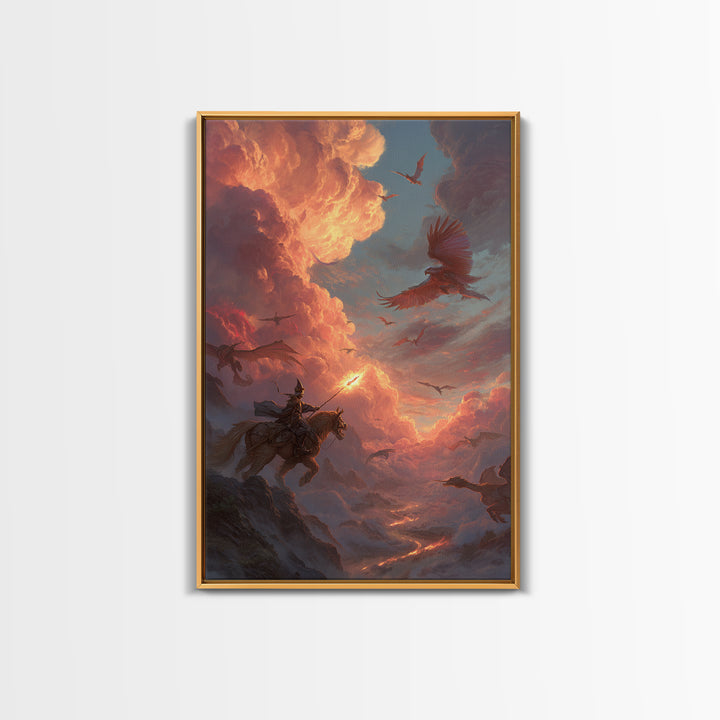 Knight And Phoenix Sunset Sky Battle Canvas Print, Fantasy Wall Art, Dragon Painting, Medieval Decor, Epic Statement Artwork