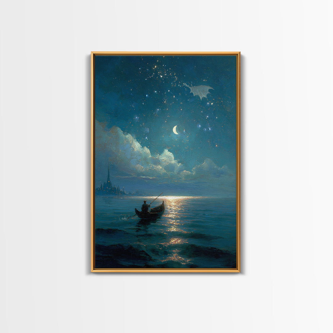 Moonlit Blue Boat And Castle Canvas Print, Celestial Wall Art, Fantasy Seascape Painting, Starry Night Decor, Gift For Her