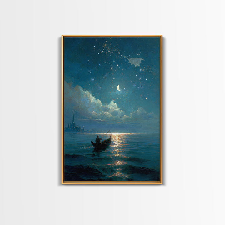 Moonlit Blue Boat And Castle Canvas Print, Celestial Wall Art, Fantasy Seascape Painting, Starry Night Decor, Gift For Her