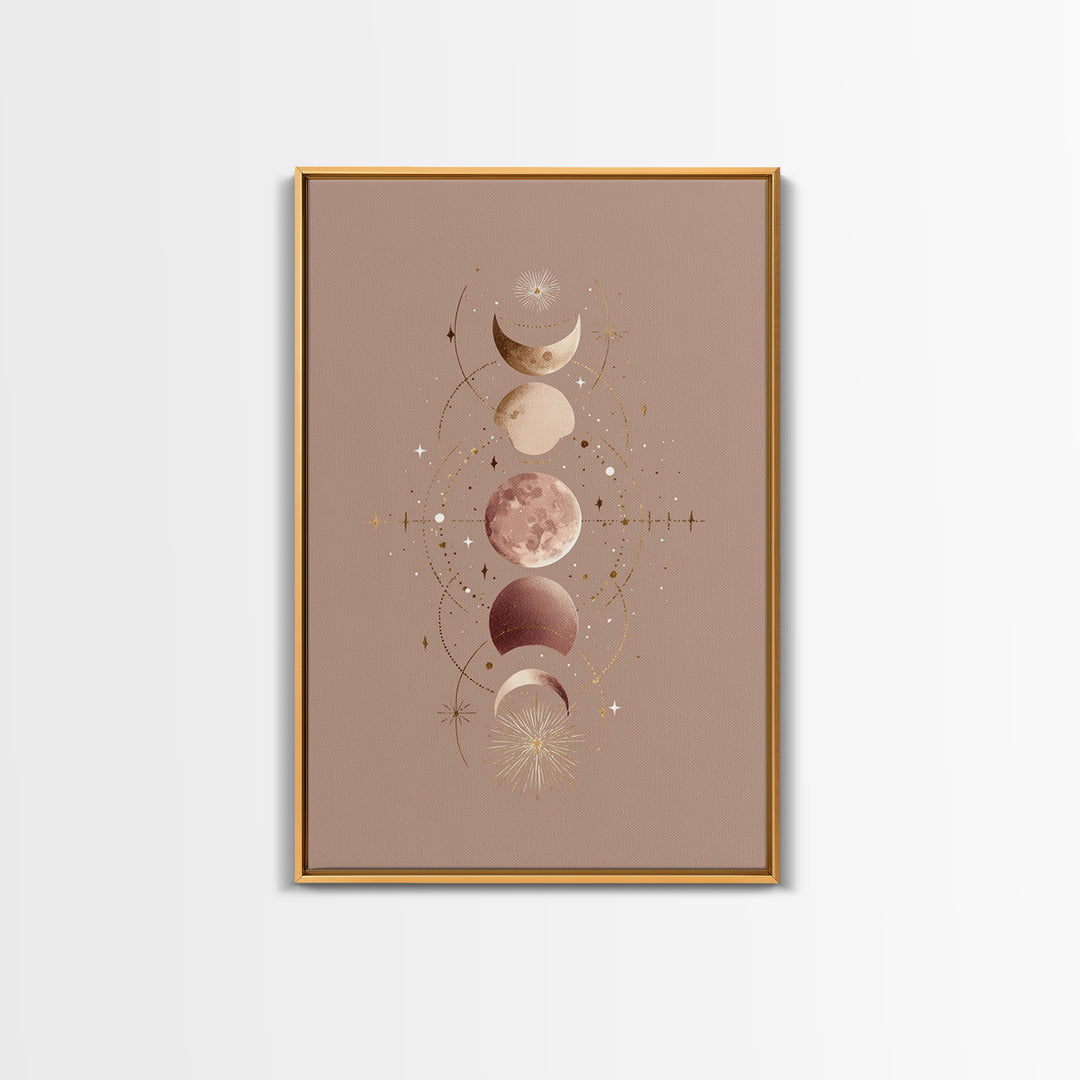 Moon Phases Celestial Wall Art, Taupe Boho Astrology Canvas, Mystical Lunar Decor, Minimalist Bedroom Print Gift For Her