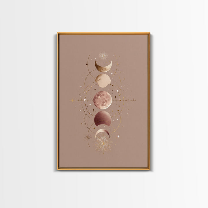 Moon Phases Celestial Wall Art, Taupe Boho Astrology Canvas, Mystical Lunar Decor, Minimalist Bedroom Print Gift For Her