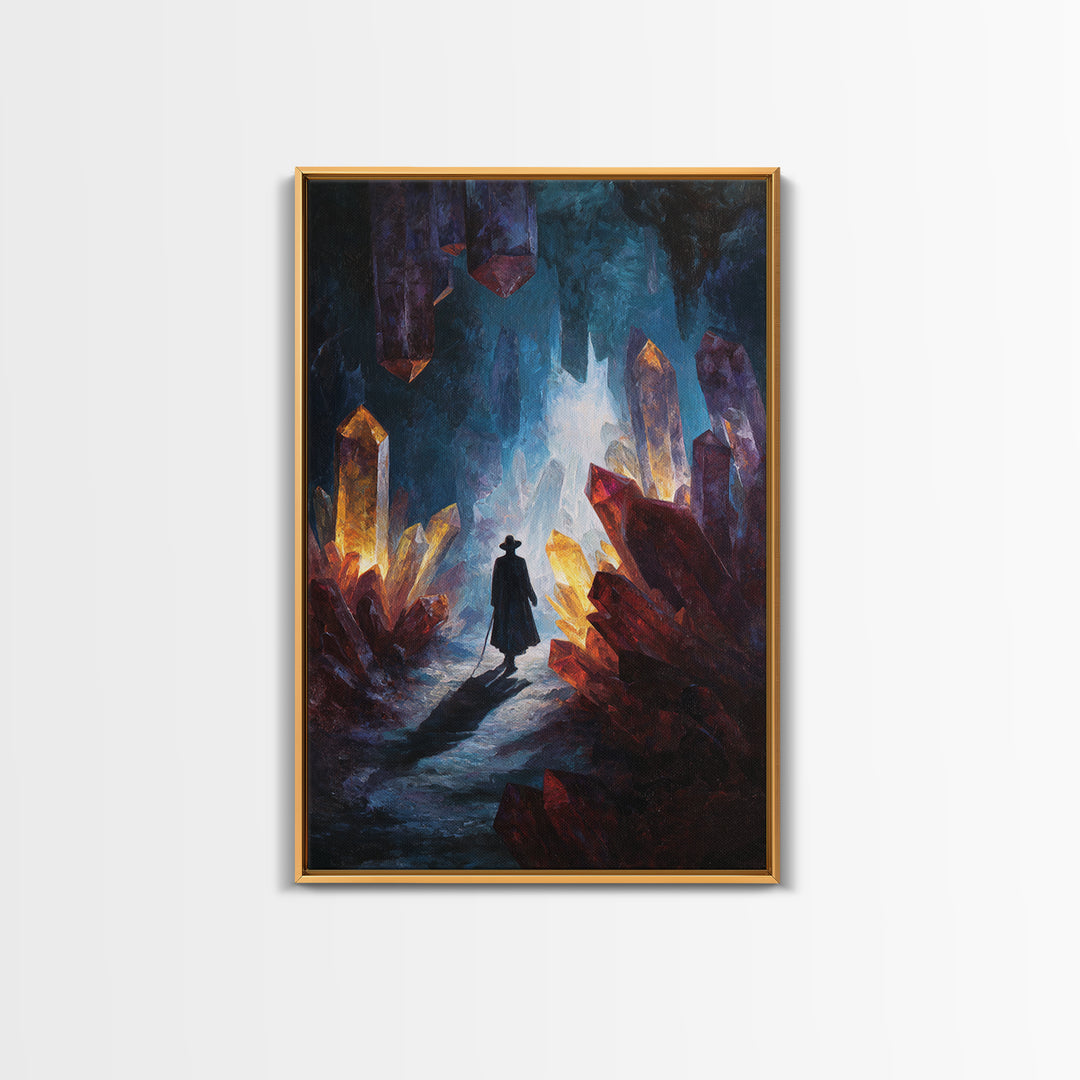 Glowing Crystal Cave Explorer Canvas Print, Fantasy Wall Art, Mystical Gemstone Cavern, Dark Academia Home Decor Gift For Him