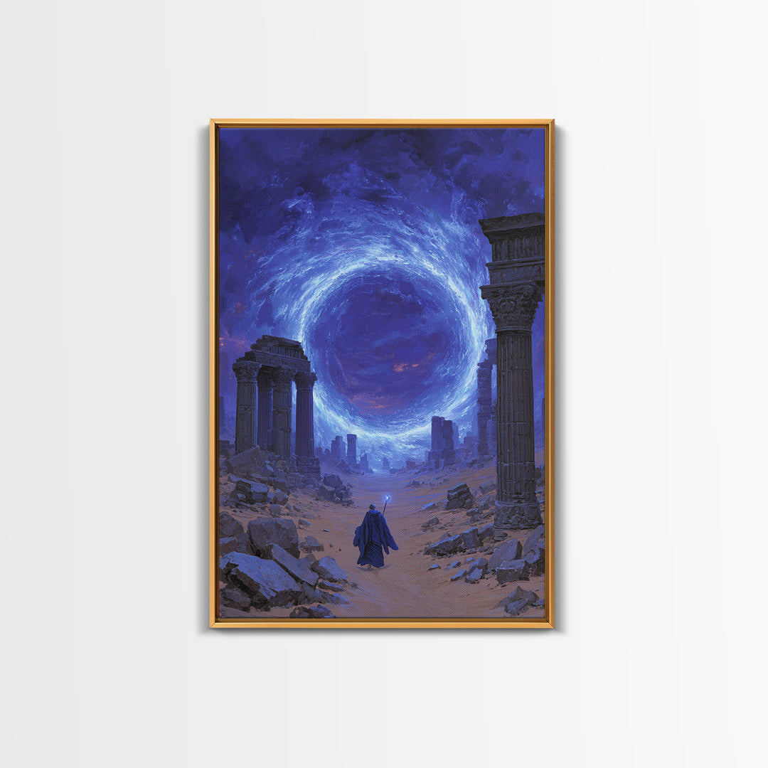 Ancient Ruins Blue Portal Canvas Print, Fantasy Wall Art, Magical Desert Landscape, Wizard Decor, Surreal Home Decor Gift
