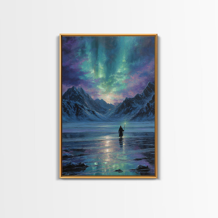 Northern Lights Mountain Lake Canvas Print, Aurora Wall Art, Fantasy Landscape Painting, Nordic Decor, Calming Home Decor Gift
