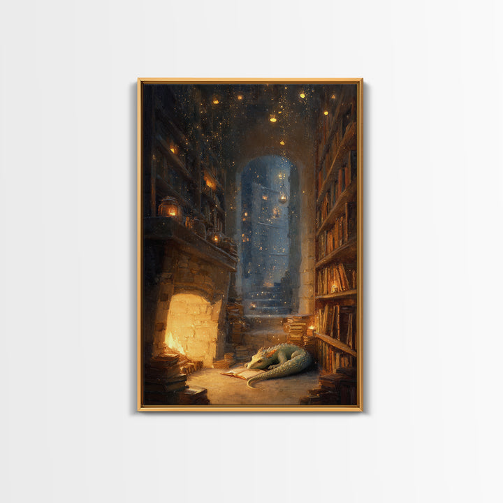 Cozy Dragon Library Fireplace Canvas Print, Fantasy Wall Art, Book Lover Decor, Dark Academia Reading Nook Home Decor Gift