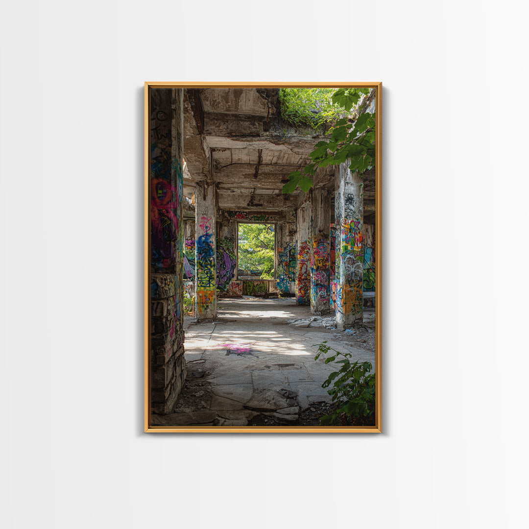Sunlit Abandoned Graffiti Building Wall Art Urban Decay Photography Print, Industrial Office Decor For Modern Lofts Gift