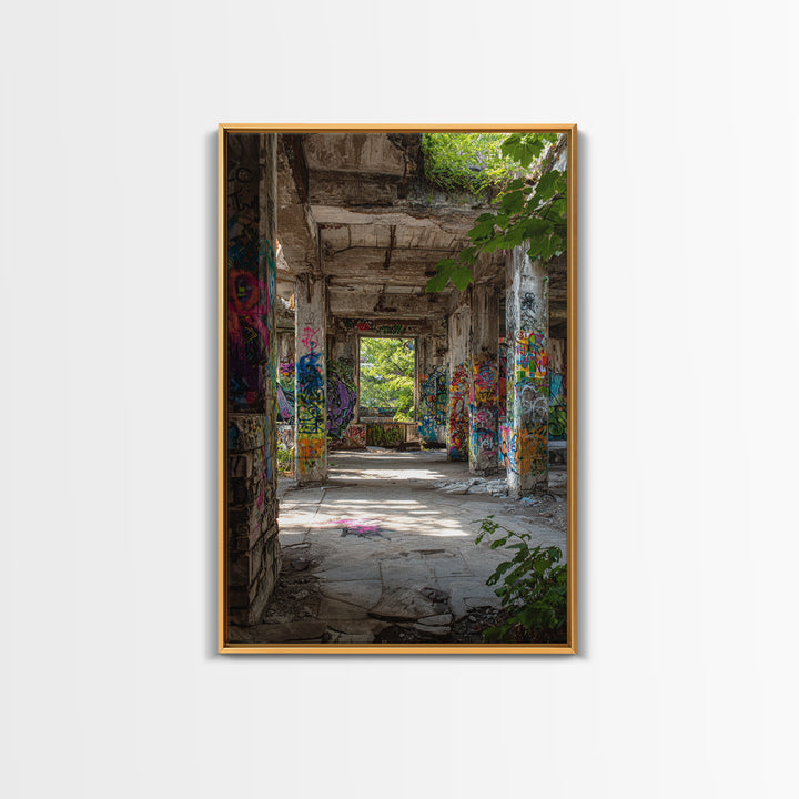 Sunlit Abandoned Graffiti Building Wall Art Urban Decay Photography Print, Industrial Office Decor For Modern Lofts Gift