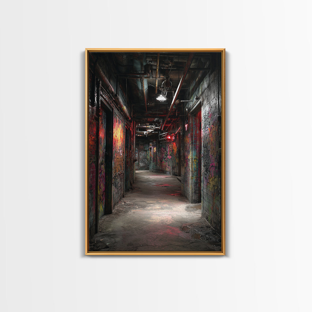 Dark Graffiti Tunnel Wall Art Urban Street Photography Print, Industrial Corridor Decor For Office Or Man Cave Gift Idea