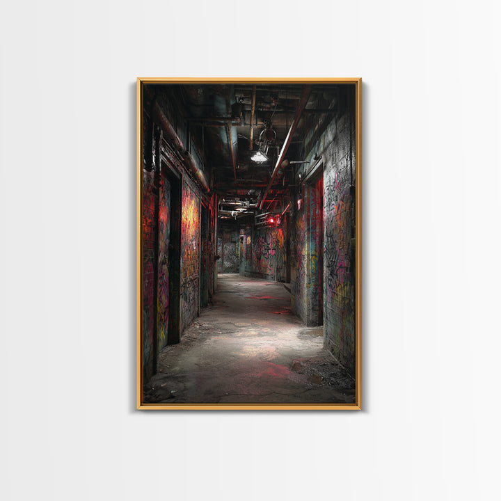 Dark Graffiti Tunnel Wall Art Urban Street Photography Print, Industrial Corridor Decor For Office Or Man Cave Gift Idea