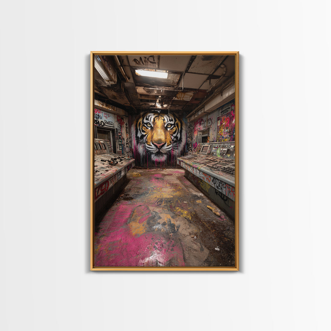 Tiger Mural In Abandoned Control Room Wall Art Urban Graffiti Canvas Print, Bold Animal Decor For Game Room Or Office Gift