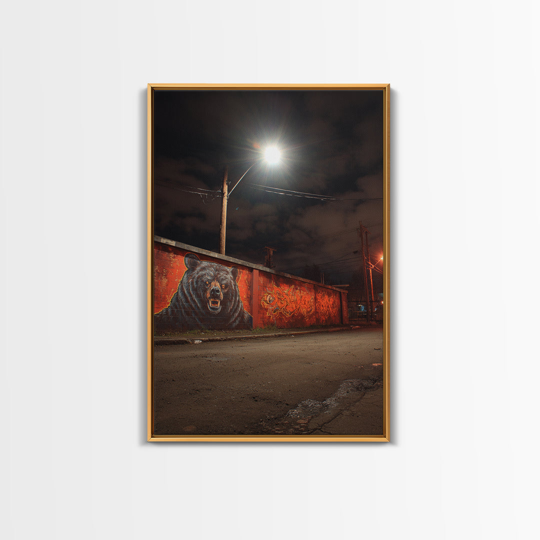 Night Street Bear Graffiti Wall Art Urban Wildlife Canvas Print, Red Brick Mural Decor For Man Cave Or Industrial Office
