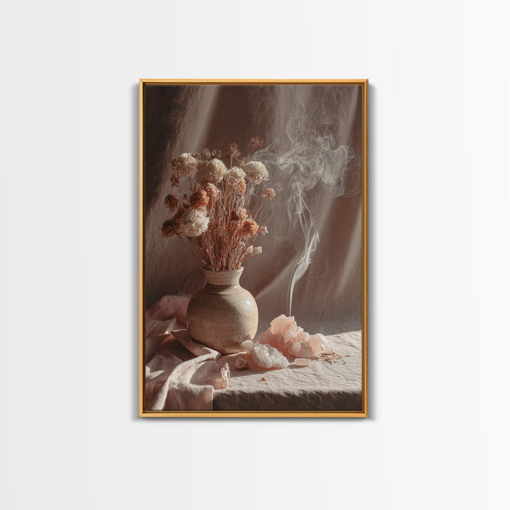 Dried Flowers With Incense Smoke Framed Canvas Print, Boho Wall Art, Rose Quartz Decor, Spiritual Bedroom Wall Decor Gift