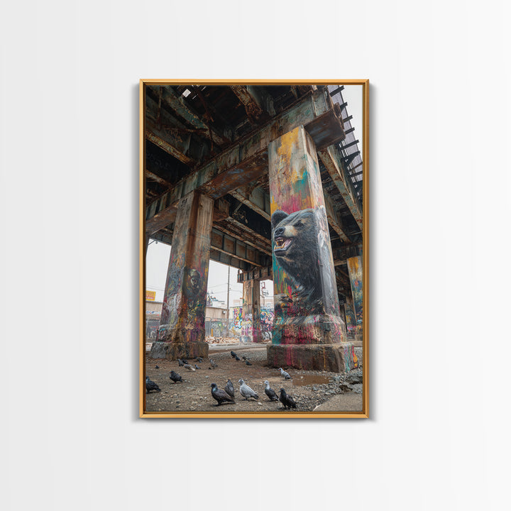 Vibrant Street Art Bear On Grungy Urban Pillar Graffiti Wall Painting Framed Canvas Print Trendy Wall Art