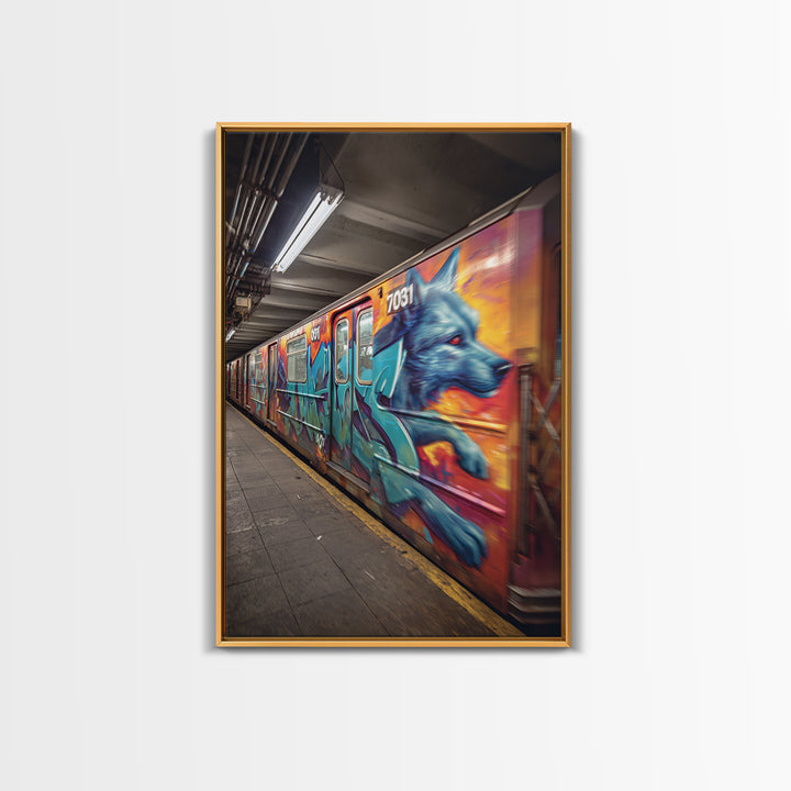 Graffiti Art Subway Train With Blue Dog Design Urban Street Art Canvas Print For Unique Contemporary Wall Decor