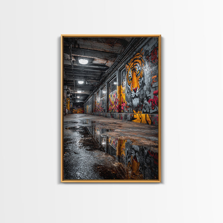 Urban Subway Corridor With Tiger Graffiti Art Moody Street Art Wall Decor - Canvas Print For Industrial Loft And Urban Spaces