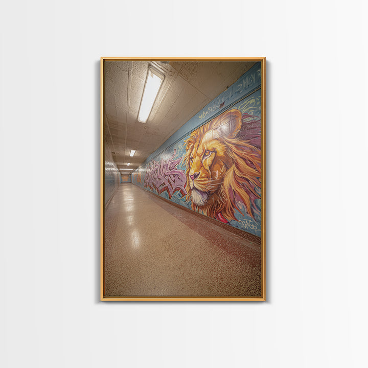 Artistic Lion Mural In City Tunnel Hallway Urban Street Art Decor | Vibrant Wall Art Print For Home Or Office Framed Canvas