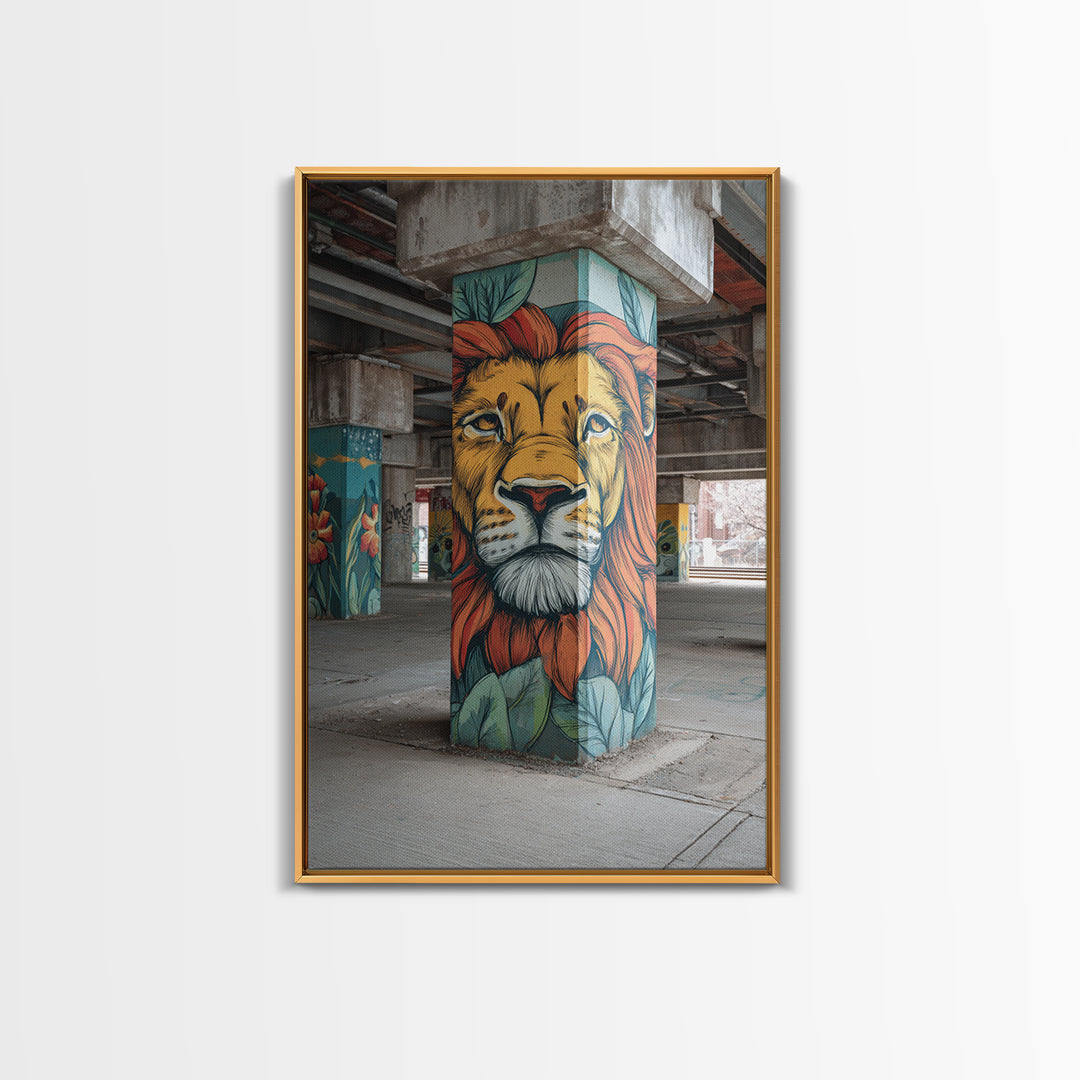 Majestic Lion Mural Painted On Concrete Pillar Urban Wall Art Framed Canvas Print For Unique Decor