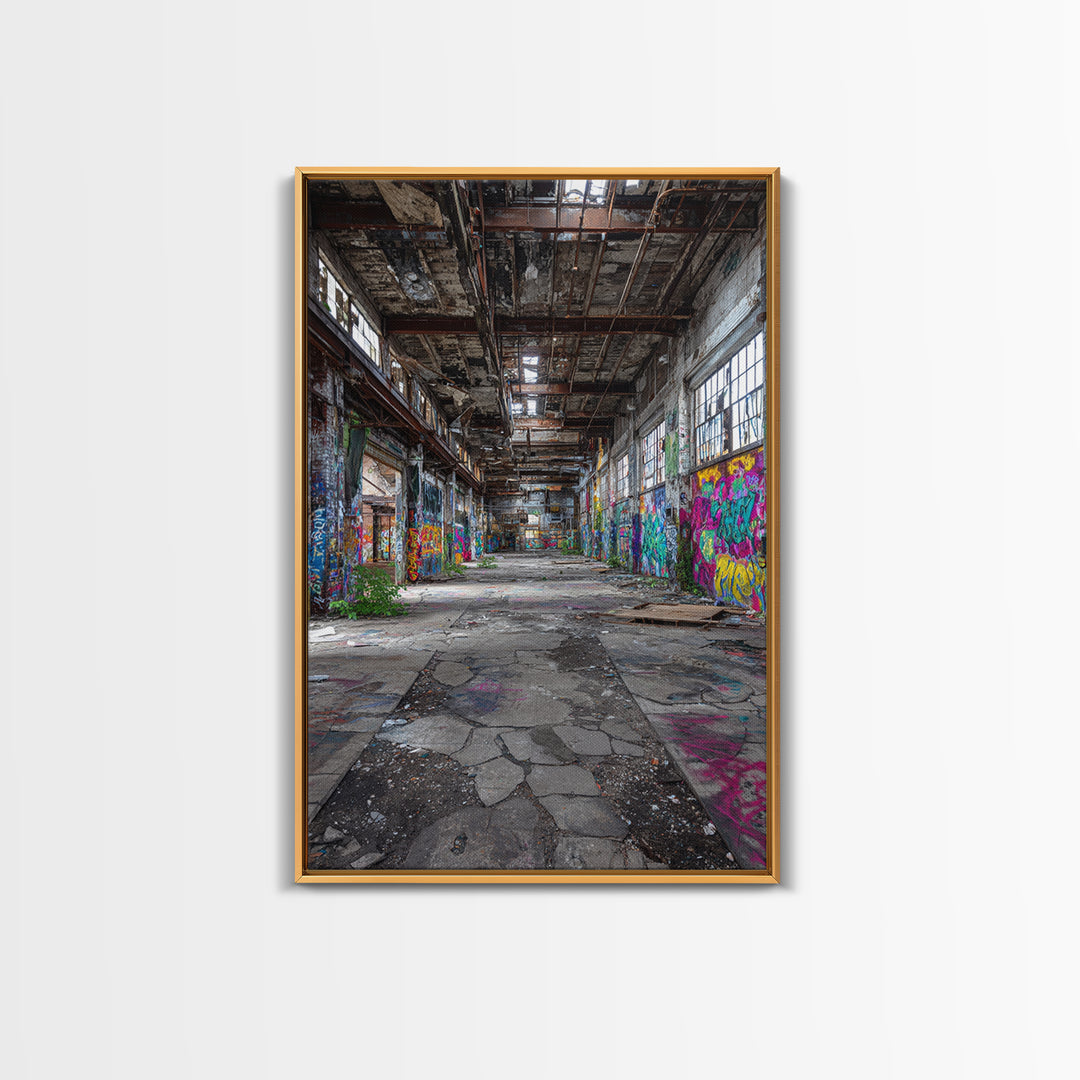 Vibrant Urban Graffiti In Abandoned Warehouse Wall Art Decor Framed Canvas Print For Modern Home Decor