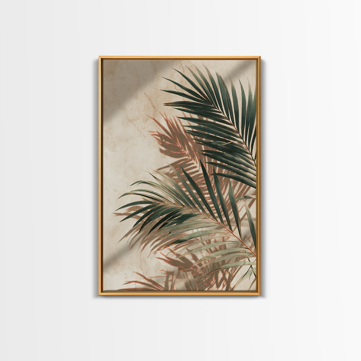 Palm Frond Shadow Botanical Wall Art, Tropical Leaf Canvas Print, Coastal Beige Modern Home Decor For Living Room Bedroom Wall Decor