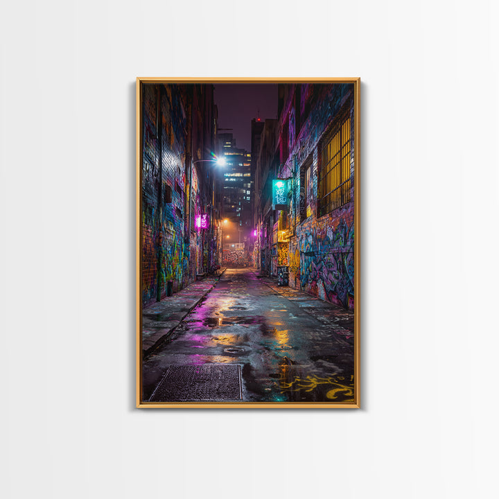 Neon Lit Graffiti Covered Alleyway Night Scene Urban Wall Art Modern Canvas Print For Eclectic Home And Office Decor