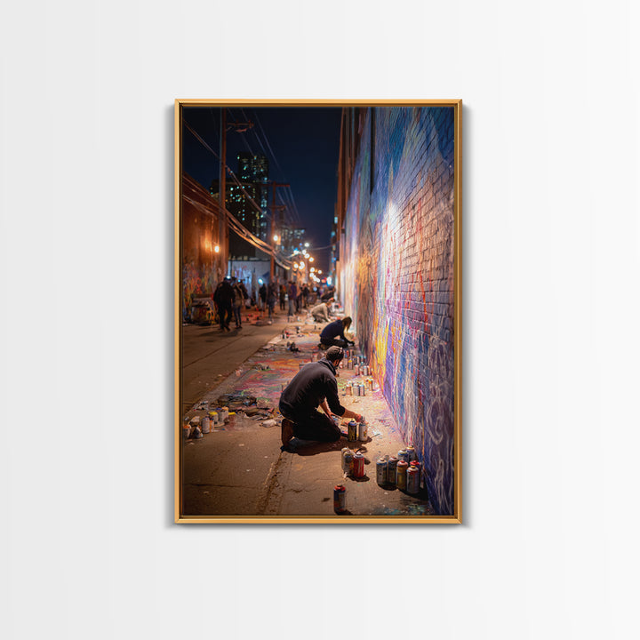 Nighttime Street Artist Painting Bright Graffiti Mural On City Wall - Colorful Wall Art Framed Canvas Print For Home