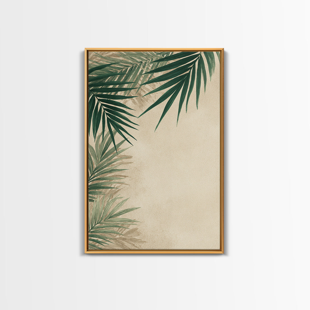 Palm Leaf Corner Botanical Wall Art, Minimal Tropical Canvas Print, Beige Coastal Decor For Living Room Bedroom Modern Wall Decor