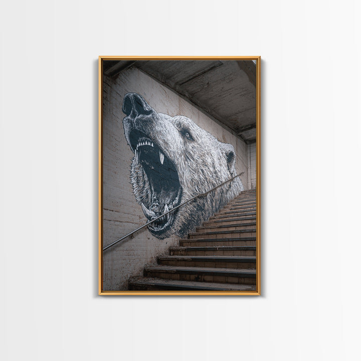 Striking Bear Mural Street Art On Staircase Wall Art Urban Canvas Print Vibrant Outdoor Wall Decor