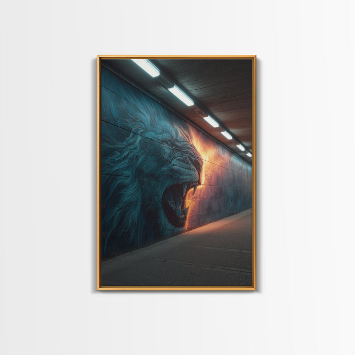 Roaring Lion Graffiti Street Art Mural With Dramatic Lighting Urban Wall Art Canvas Print
