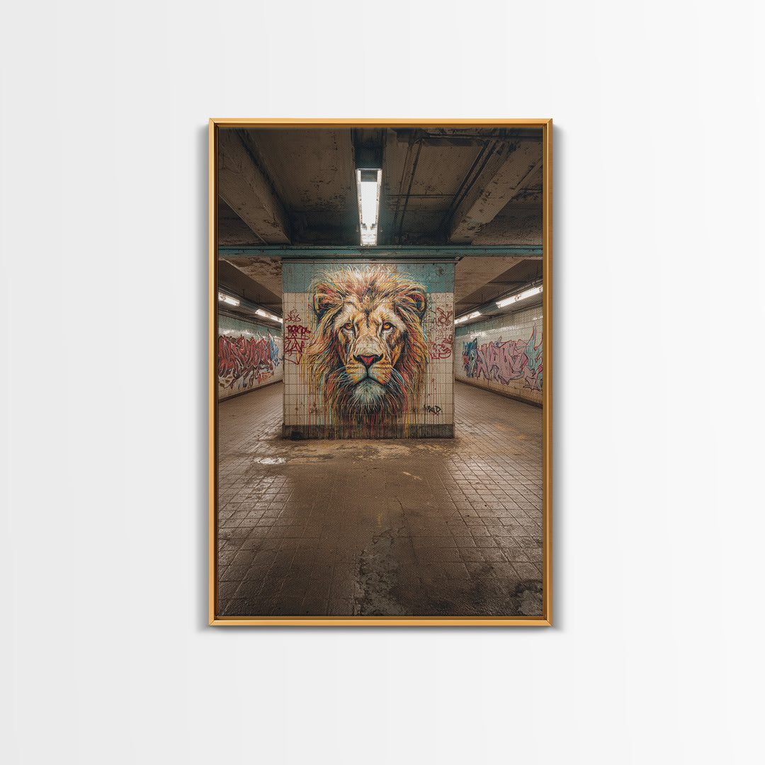 Powerful Lion Portrait Street Art Mural In Urban Tunnel Photography Wall Art Canvas Print For Bold Home Decor