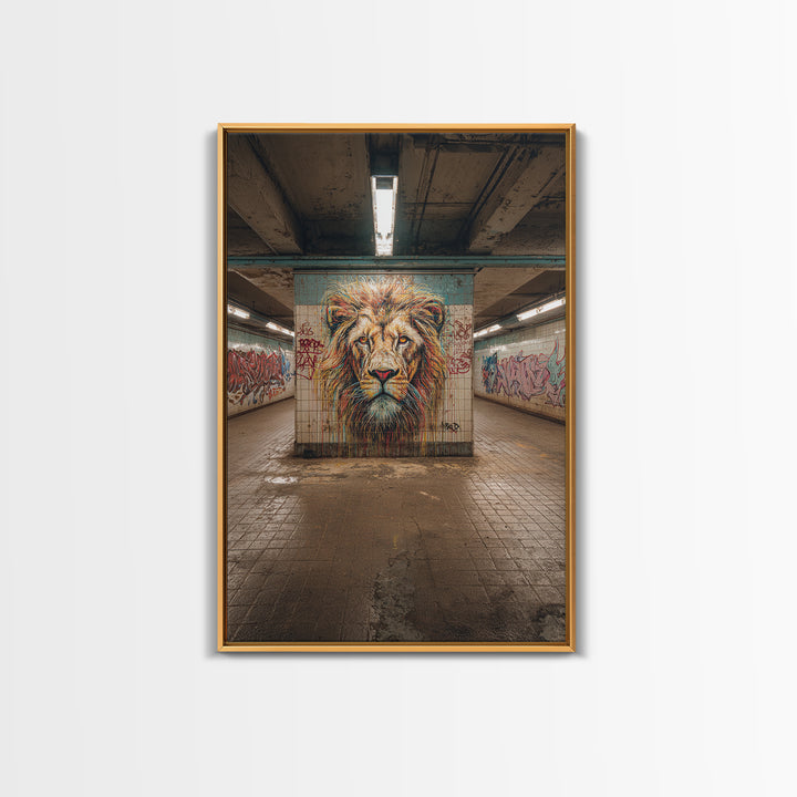 Powerful Lion Portrait Street Art Mural In Urban Tunnel Photography Wall Art Canvas Print For Bold Home Decor