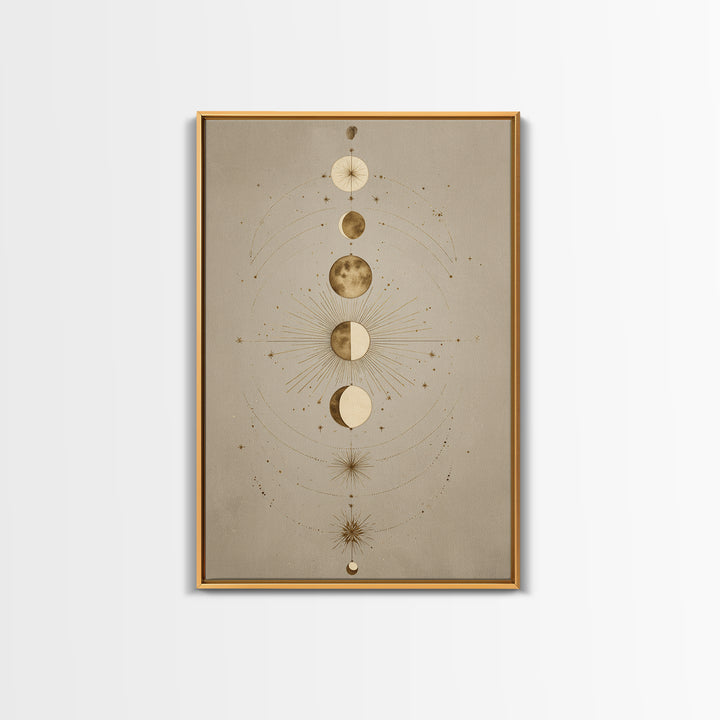 Gold Moon Phases Celestial Wall Art, Mystical Astrology Canvas Print, Boho Lunar Decor For Bedroom Or Meditation Room Decor