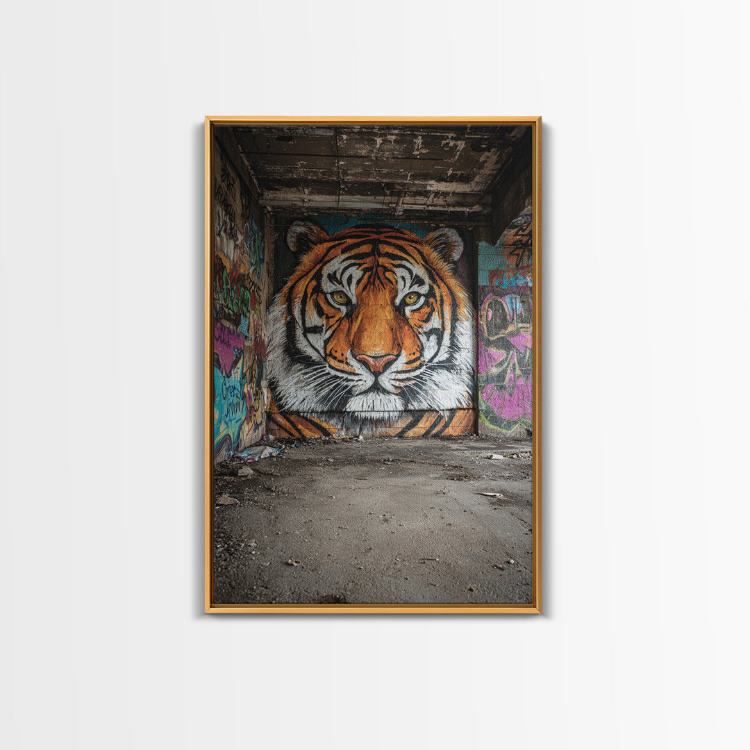 Vibrant Tiger Mural Street Art Urban Wall Art Perfect Framed Canvas Print For Eclectic Living Room Decor Or Gift