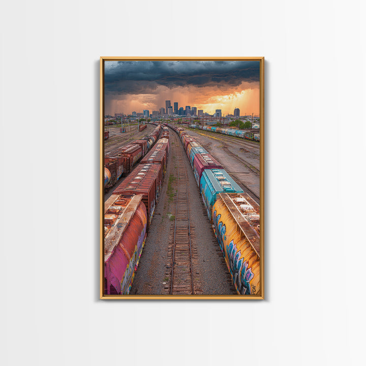 Train Yard Industrial Landscape With Rusty Graffiti Paintings | Contemporary Wall Art Urban Decor Framed Canvas Print
