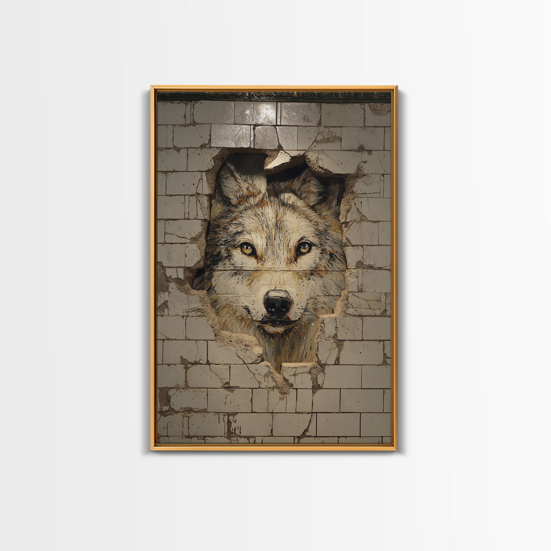 Lion Portrait Painted On Broken Wall Tiles Urban Street Art Mural Wall Art Framed Canvas Print For Edgy Home Decor