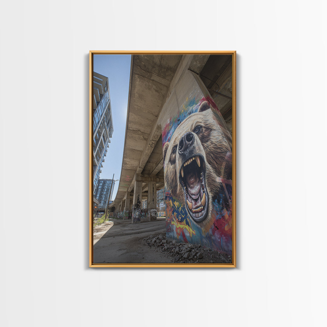 Roaring Grizzly Bear Graffiti Mural Under Concrete Bridge Wall Art For Man Cave And Urban Home Decor