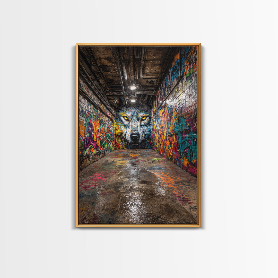 Colorful Wolf Graffiti Street Art Urban Wall Art Print Home Decor Vibrant Alley Framed Canvas Print