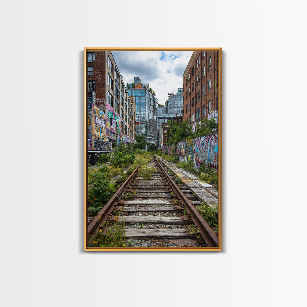 Urban Overgrown Railway Track Between Graffiti Walls In City - Contemporary Wall Art Canvas Print For Modern Decor