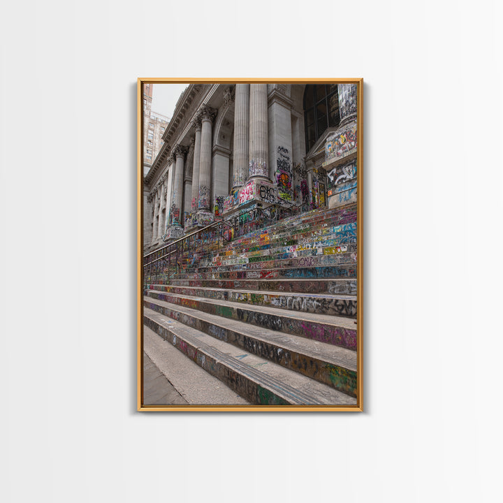 Vibrant Graffiti Covered Urban Steps Photography Wall Art Framed Canvas Print For Modern Industrial Home Decor