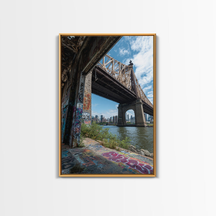 Urban Bridge And Graffiti Wall Over River Cityscape Photography Canvas Print Wall Art For Living Room Or Office Decor