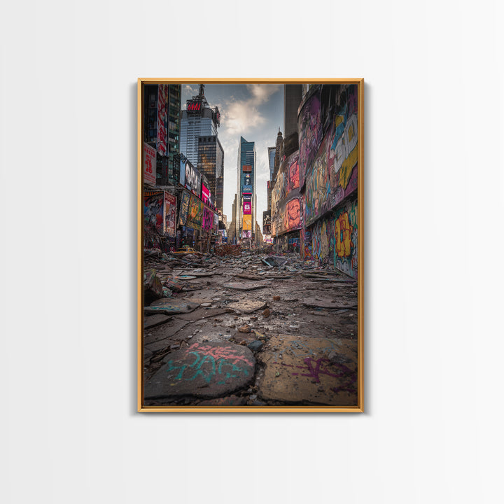 Post Apocalyptic Times Square Urban Ruins Photography Wall Art Print With Graffiti And Debris For Modern Home And Office Decor