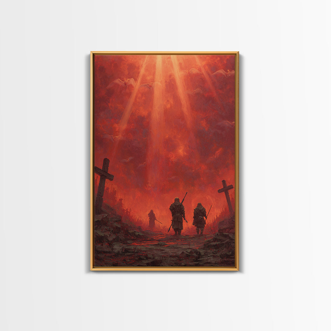 Fiery Red Apocalypse Scene With Warriors And Crosses Dramatic Fantasy Art Canvas Print Perfect Statement Wall Art For Home Decor
