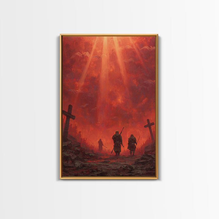 Fiery Red Apocalypse Scene With Warriors And Crosses Dramatic Fantasy Art Canvas Print Perfect Statement Wall Art For Home Decor