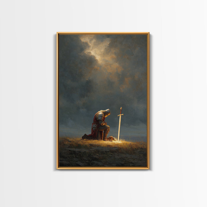 Knight Kneeling Beside Sword With Stormy Sky Dramatic Medieval Armor Wall Art Canvas Print For Office Decor
