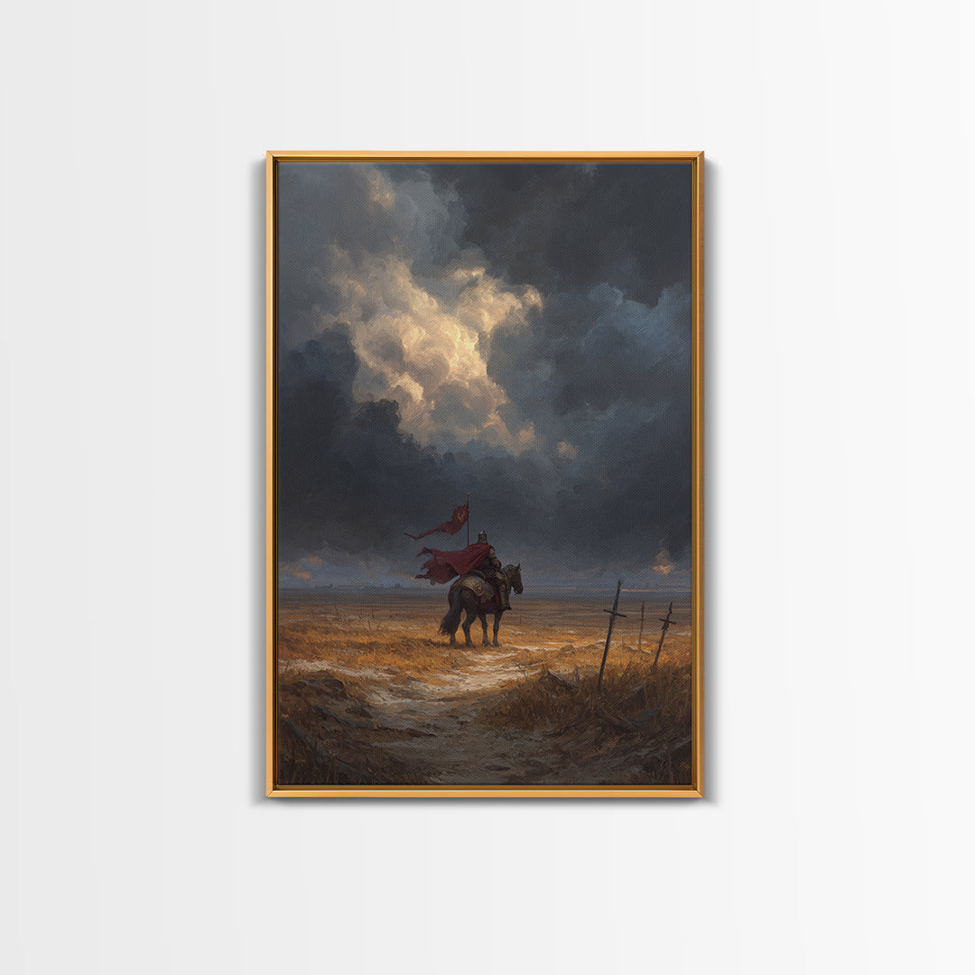 Medieval Knight On Horse With Red Cape Overcast Sky Canvas Print Original Wall Art For Office And Home