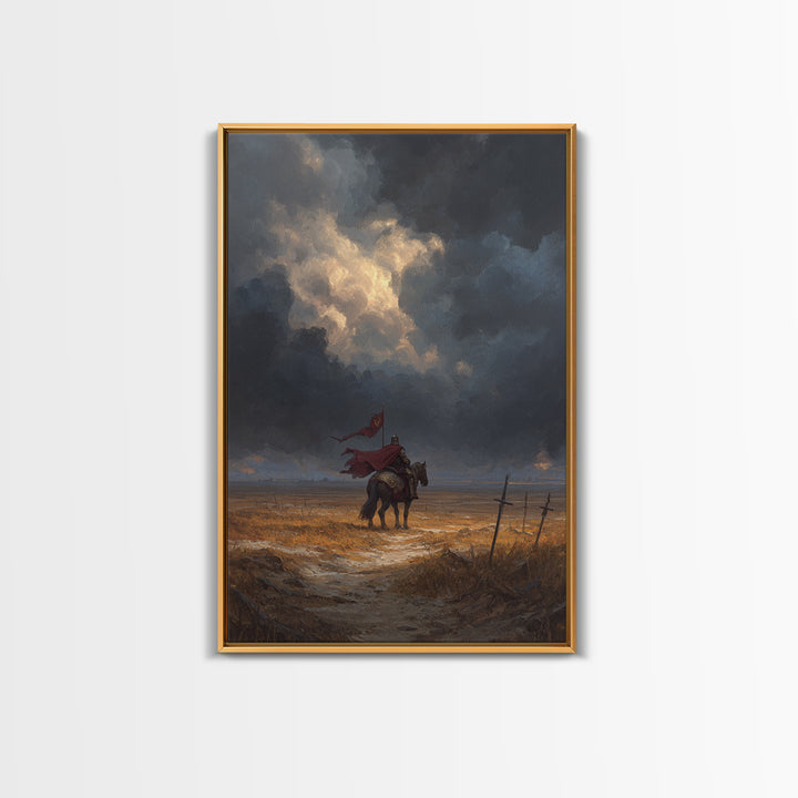 Medieval Knight On Horse With Red Cape Overcast Sky Canvas Print Original Wall Art For Office And Home