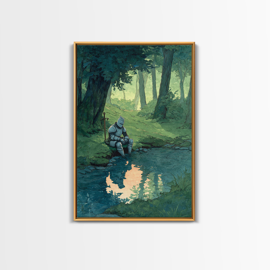 Solitary Knight In Medieval Armor Sitting Beside Forest Stream Original Wall Art With Contemporary And Fantasy Decor