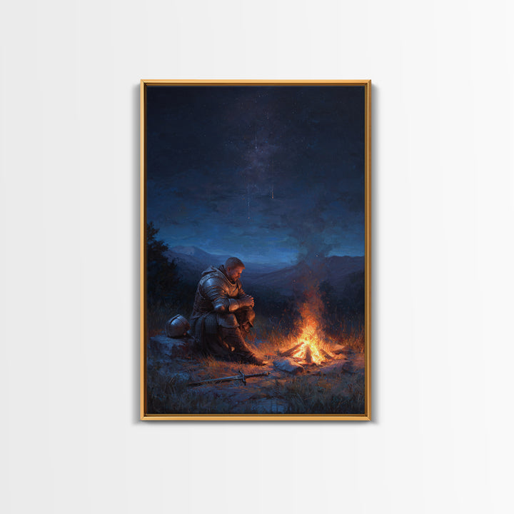 Knight Praying By Campfire In Armor At Night Meditative Fantasy Wall Art Framed Canvas Print For Home Decor
