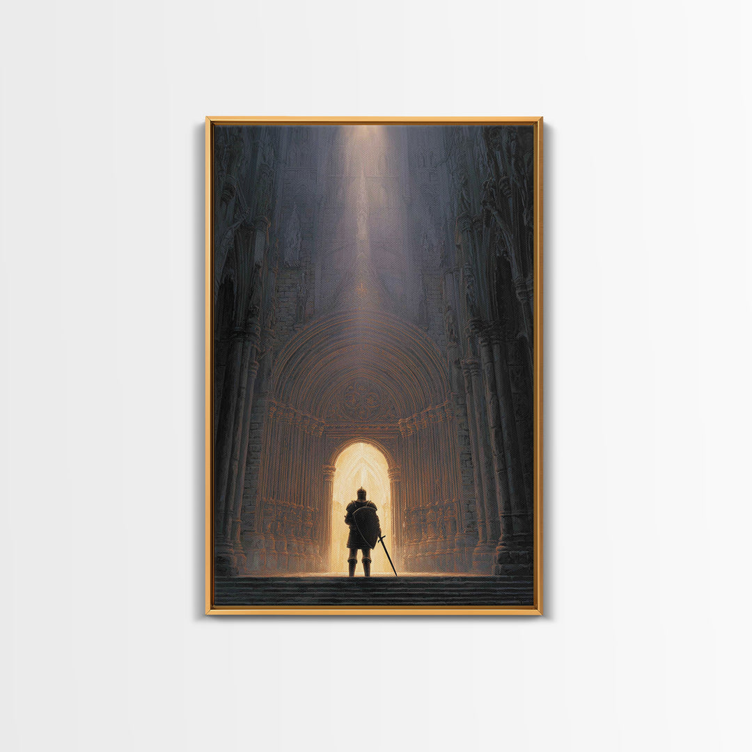 Medieval Knight Standing In Cathedral Doorway With Light Beam Canvas Print Modern Wall Art For Office Decor