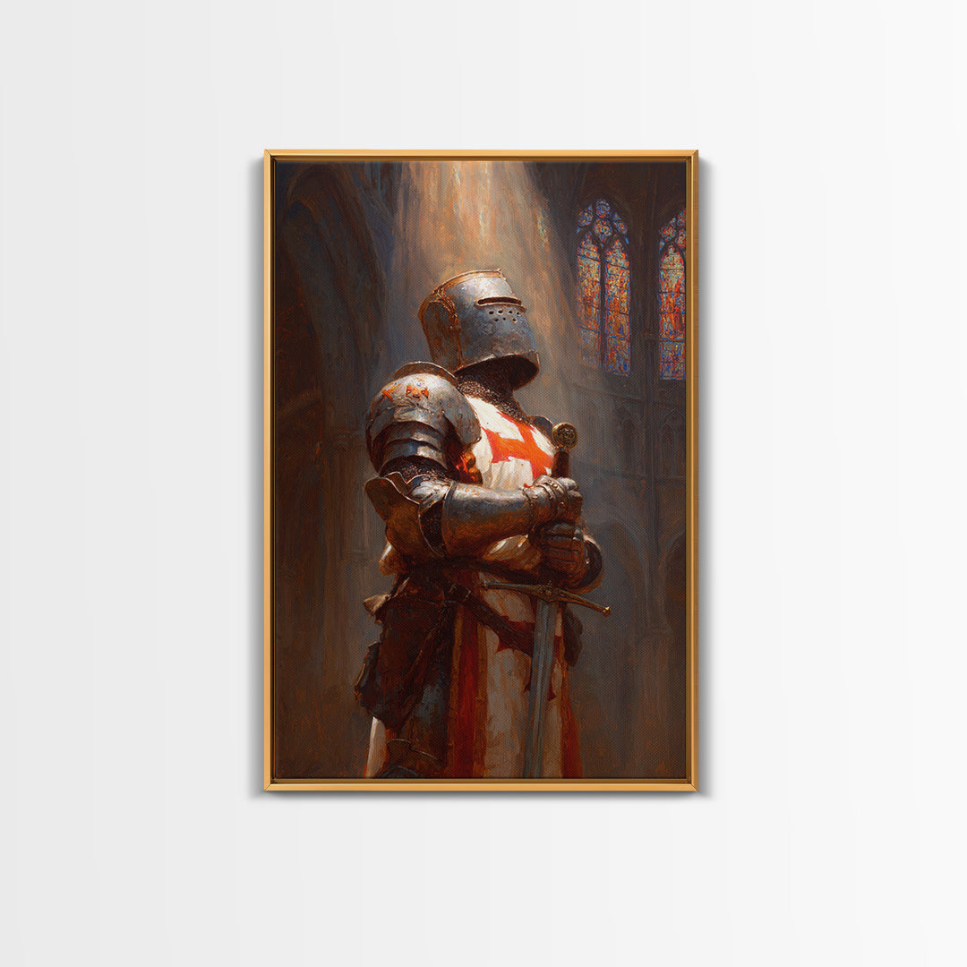 Crusader Knight In Cathedral Sunlight Oil Painting Wall Art Framed Canvas Print Medieval Historical Artwork For Man Cave
